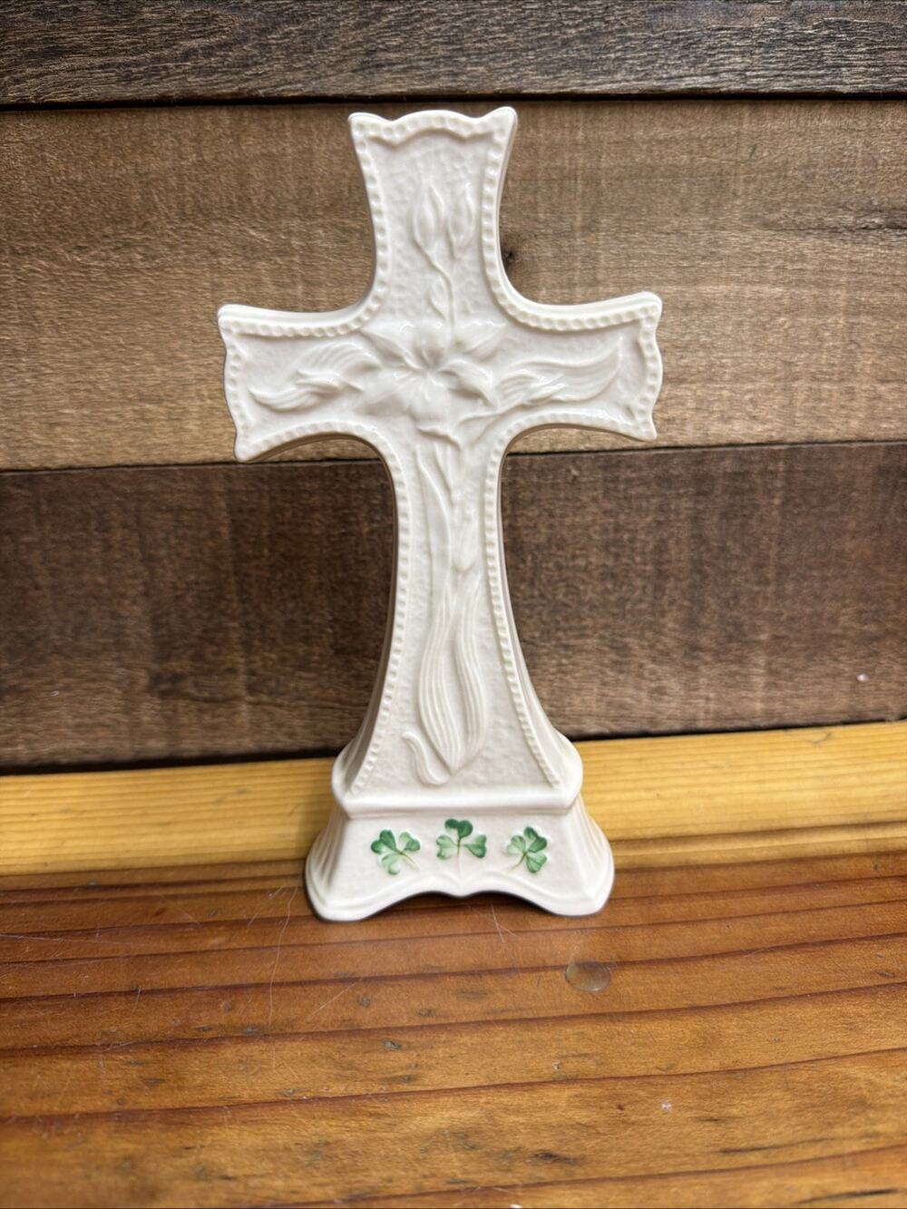 Belleek Ireland Easter Lily Porcelain Cross 7.25” Irish